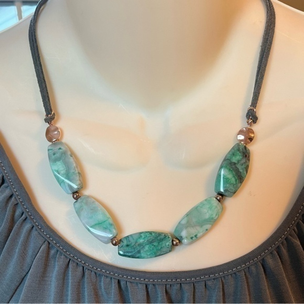 Charming Charlie Aqua Stone Bead Necklace Rose Gold Accents